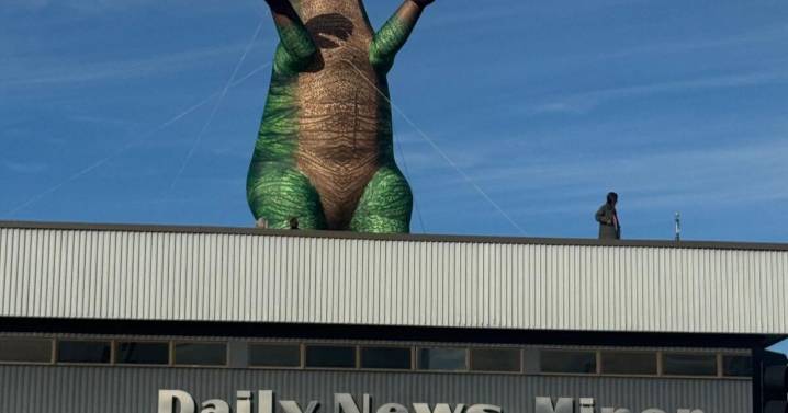 'Welcome to Jurassic Park': Fairbanks Symphony's pet dino, Ed-rrawrd, stomps onto roof of News