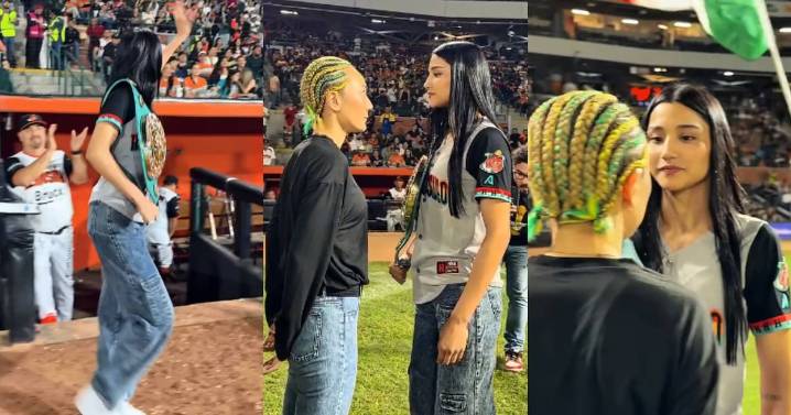Camila Zamorano y la japonesa Sana Hazuki protagonizan cara a cara durante juego de los Naranjeros de Hermosillo en el Estadio Fernando Valenzuela