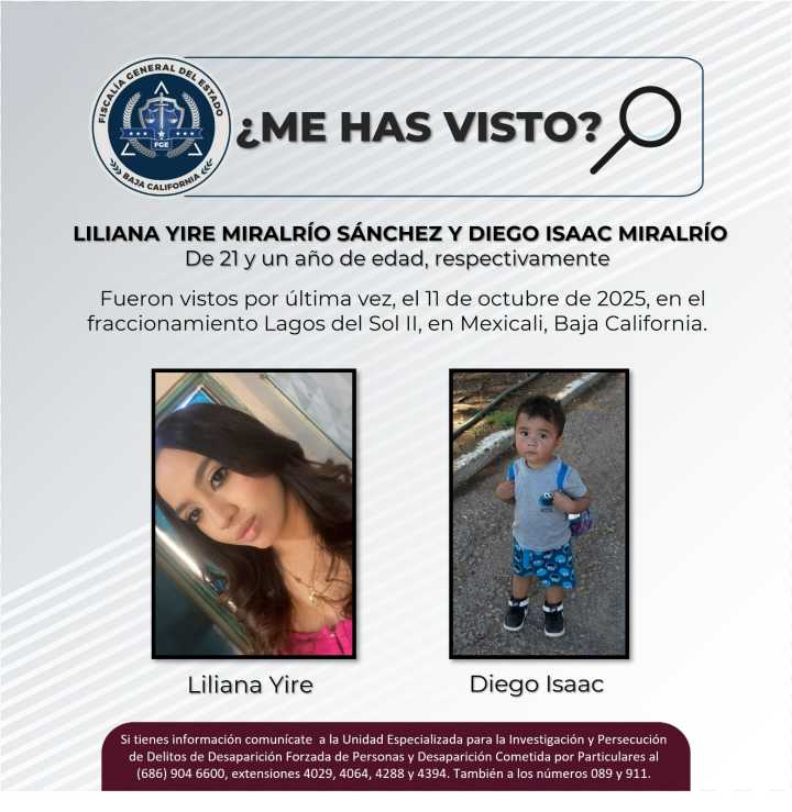 #Desaparecidos Liliana Yire Miralrío Sánchez y Diego Isaac Miralrío de 21 y 1 año de edad, Mexicali