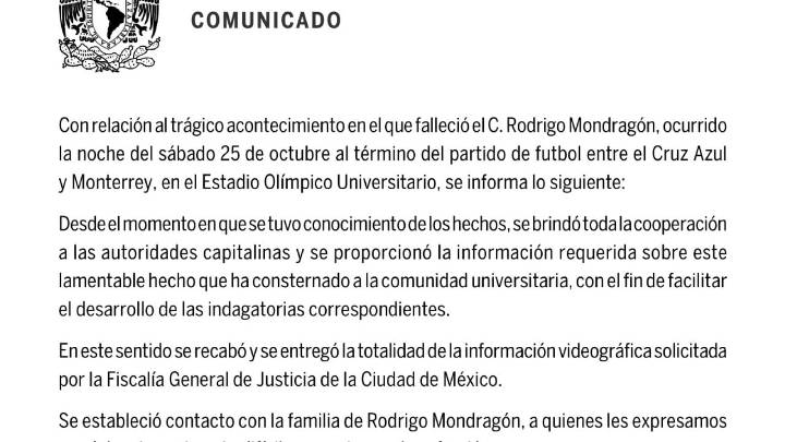 La UNAM afirma que colabora con Fiscalía tras muerte de estudiante en el Cruz Azul vs. Rayados