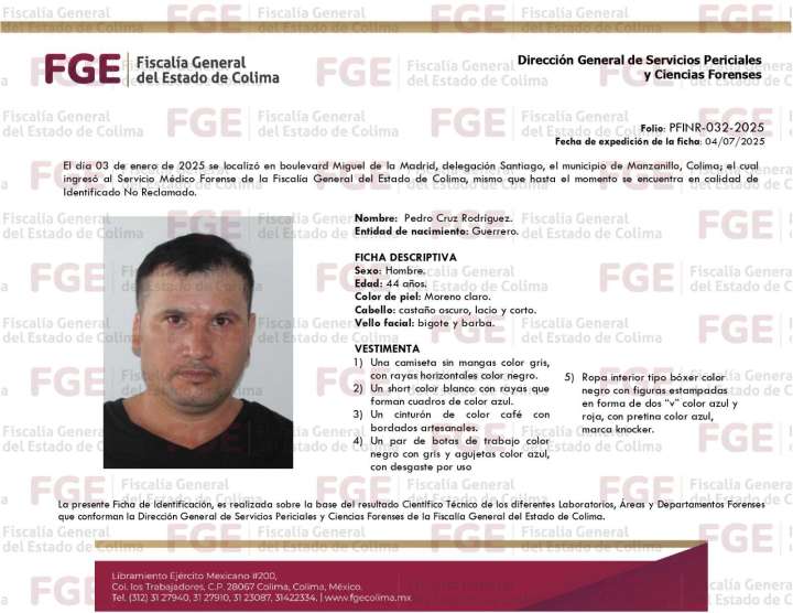 Fiscalía de Colima emite ficha descriptiva de identificado no reclamado