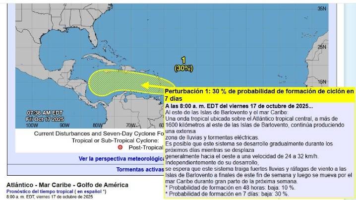 Centro Nacional de Huracanes recomienda vigilancia por onda tropical en el Atlántico con posible desarrollo rumbo al Caribe