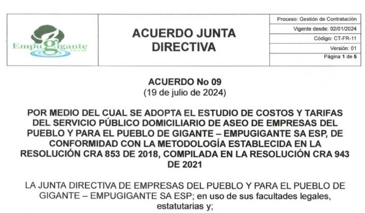 Costos de Referencia y Tarifas del Servicio Público Domiciliario de Aseo 2024 de Empresas del Pueblo y para el Pueblo de Gigante