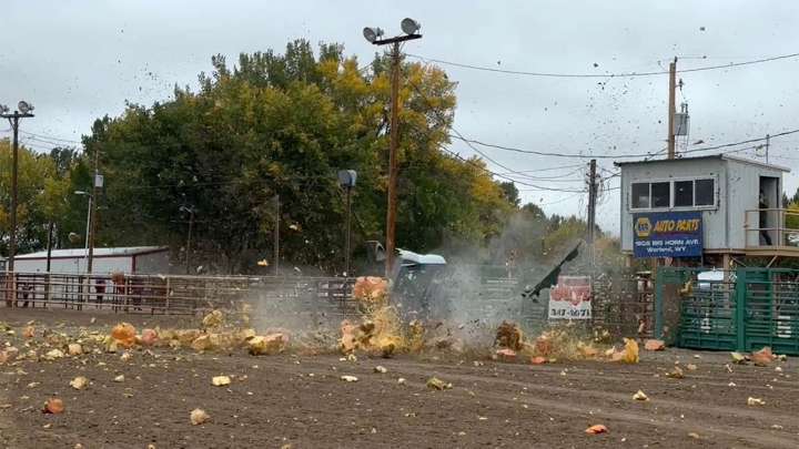 1,800-Pound Pumpkin Dropped From 200-Foot Crane, Destroys Outhouse