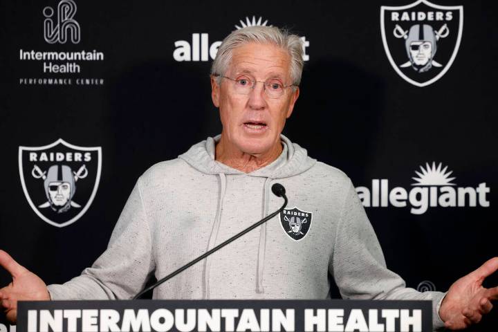 Raiders’ Pete Carroll speaks to the media before Wednesday’s practice