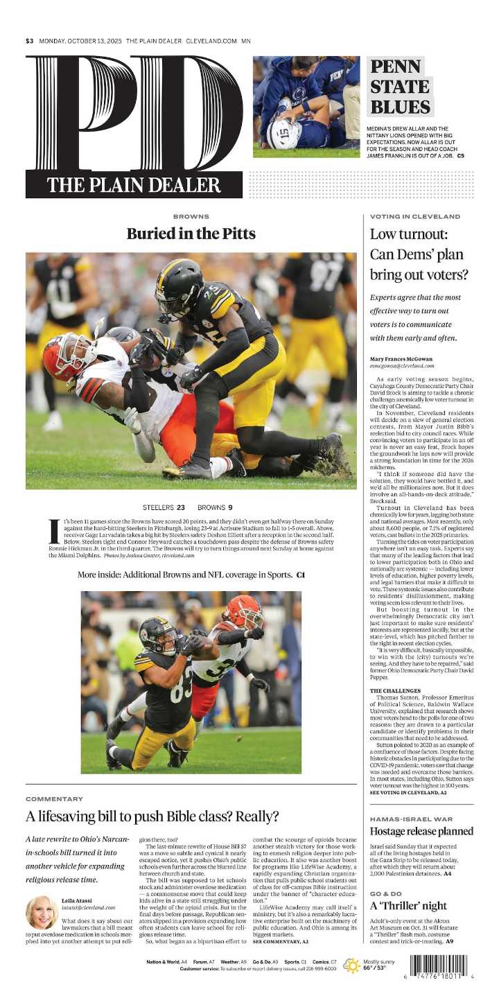 The Plain Dealer’s front page for October 13, 2025