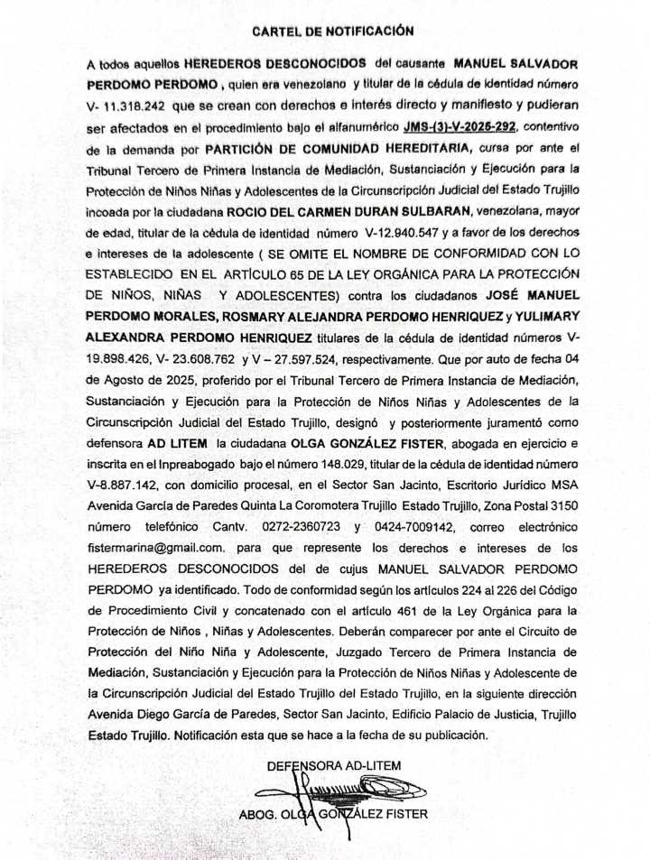 Cartel de notificación A todos aquellos HEREDEROS DESCONOCIDOS del causante MANUEL SALVADOR PERDOMO PERDOMO, quien era titular de la cédula de identidad número V