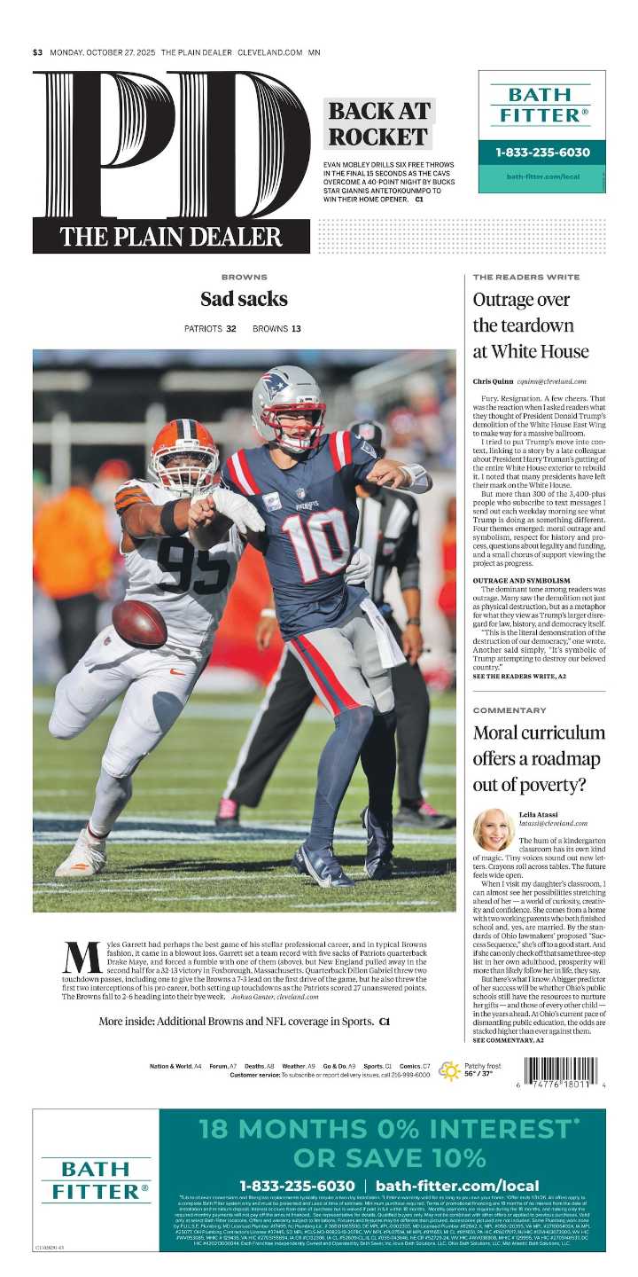 The Plain Dealer’s front page for October 27, 2025