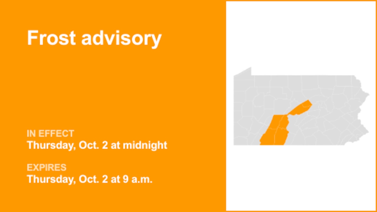 Frost advisory for part of Pennsylvania for Thursday