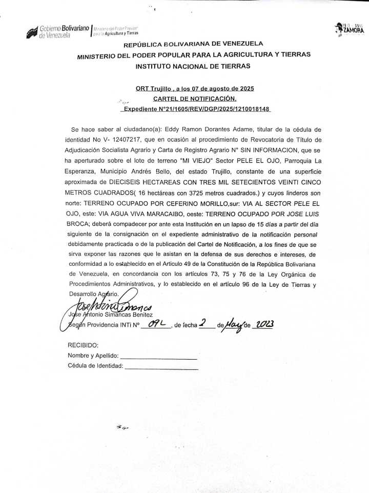 Cartel de notificación al ciudadano: Eddy Ramon Dorantes Adame, titular de la cédula de identidad No V
