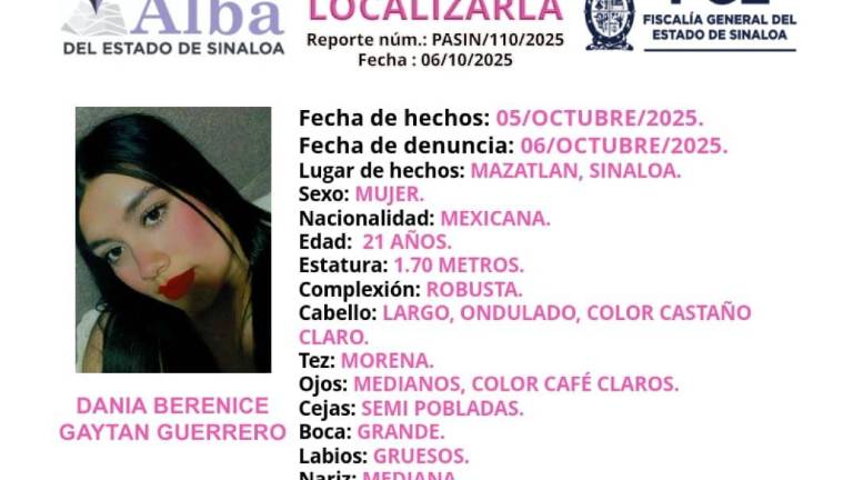 Desaparece Dania Berenice Gaytán Guerrero, de 21 años, en Santa Fe, en Mazatlán
