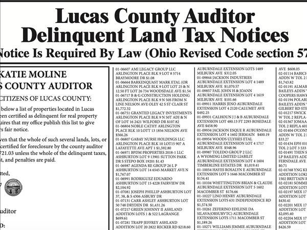 2025 Lucas County Auditor Delinquent Land Tax Notices