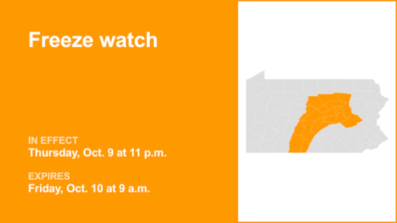 Freeze watch in place for part of Pennsylvania for Thursday and Friday