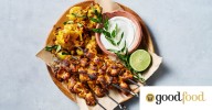 Chicken tikka skewers with crunchy coconut potatoes is dinner on a stick