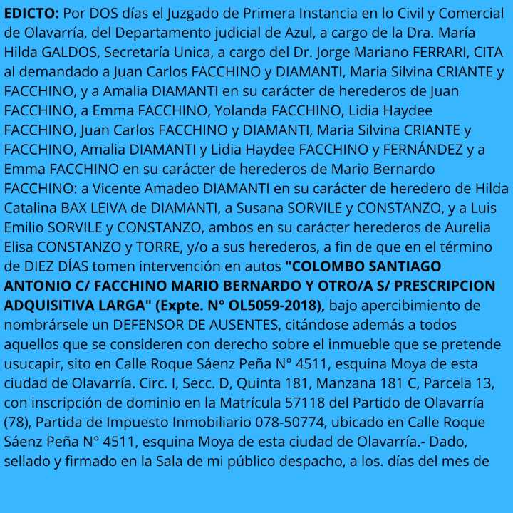 Edicto: Citacion por Prescripcion adquisitiva larga