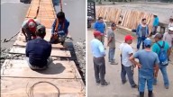 Pobladores de Veracruz construyen puente con troncos para poder conseguir víveres tras fuertes lluvias