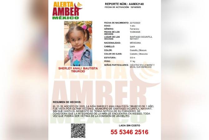 Piden apoyo para localizar a niña de 1 año desaparecida en Nayarit