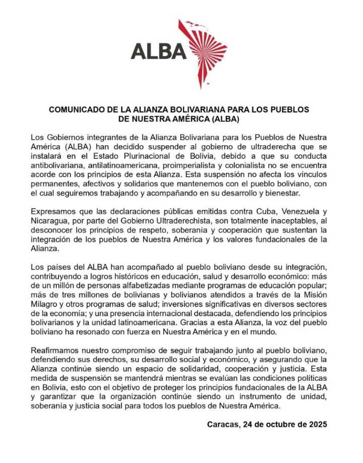 Gobierno electo de Bolivia fue suspendido de la ALBA, lo tildaron de «proimperialista y colonialista»