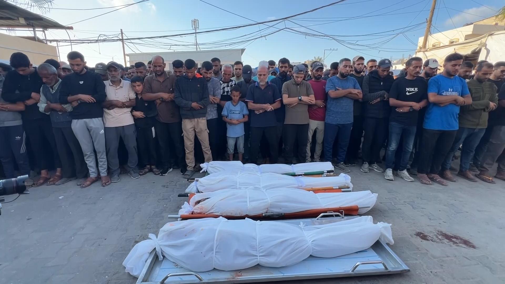 Prayers held for Palestinians killed in Israeli strike in central Gaza as bodies arrive in hospital