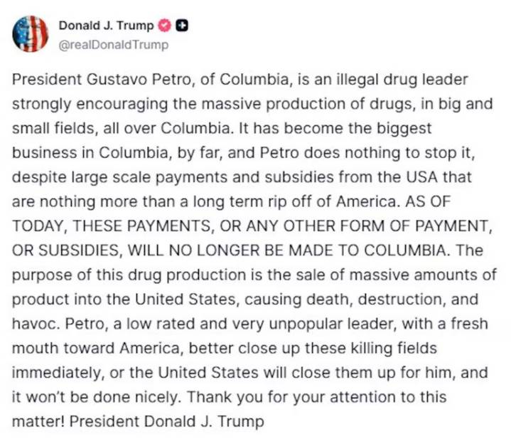 «Petro es un líder del narcotráfico»: Trump cortó subsidios a Colombia y envió contundente advertencia