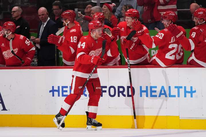Sandin-Pellikka scored his first NHL goal, celebrate the Red Wings rookie by buying his jersey