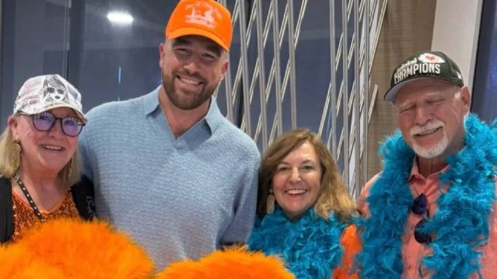 Taylor Swift’s Fiancé Travis Kelce Turns Heads In Orange At Showgirl Release Party