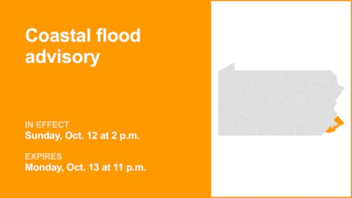 Coastal flood advisory for Southeast Pa. for Sunday and Monday
