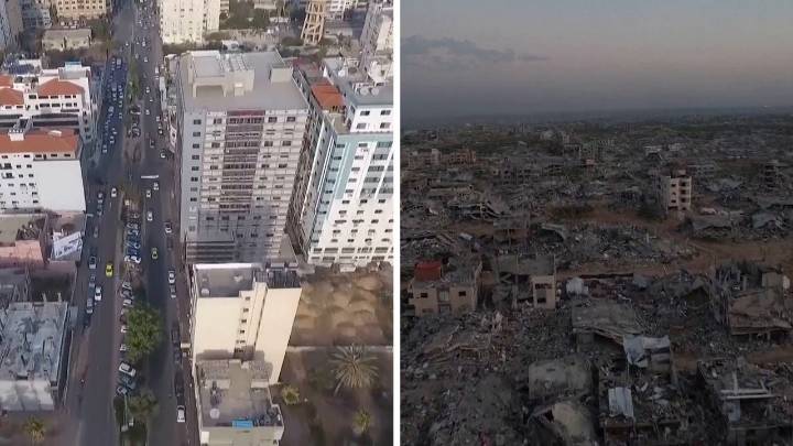 Las impactantes imágenes del antes y el después de Gaza tras dos años de bombardeos israelís