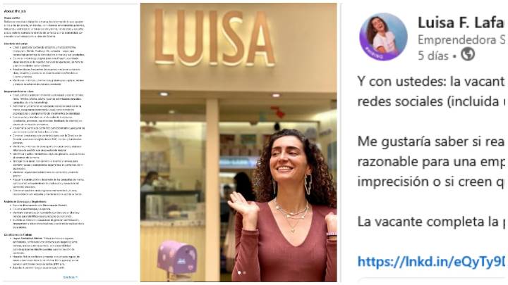 Luisa Lafaurie Cabal (Luisa Postres), hija de José Félix Lafaurie y María Fernanda Cabal, publicó en LinkedIn la oferta laboral objeto de controversia