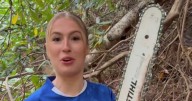 Chainsaw-wielding adult star Astrid Wett in bizarre tree stunt as she cackles evilly