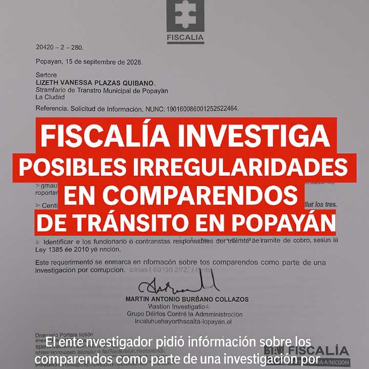 Fiscalía investiga presuntas irregularidades en comparendos de la Secretaría de Tránsito de Popayán