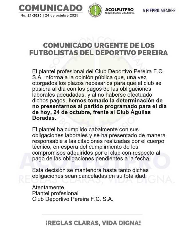 Deportivo Pereira al borde del abismo: ausencia del equipo profesional por mora salarial