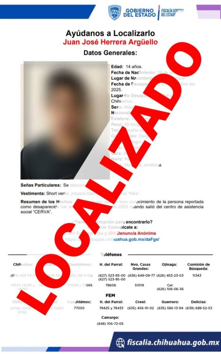 Localiza FGE en Jiménez a menor de edad que escapó de un centro de asistencia en Chihuahua