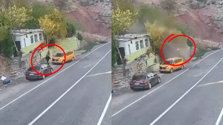 El momento exacto donde un taxista turco se libra por los pelos de ser aplastado por una roca
