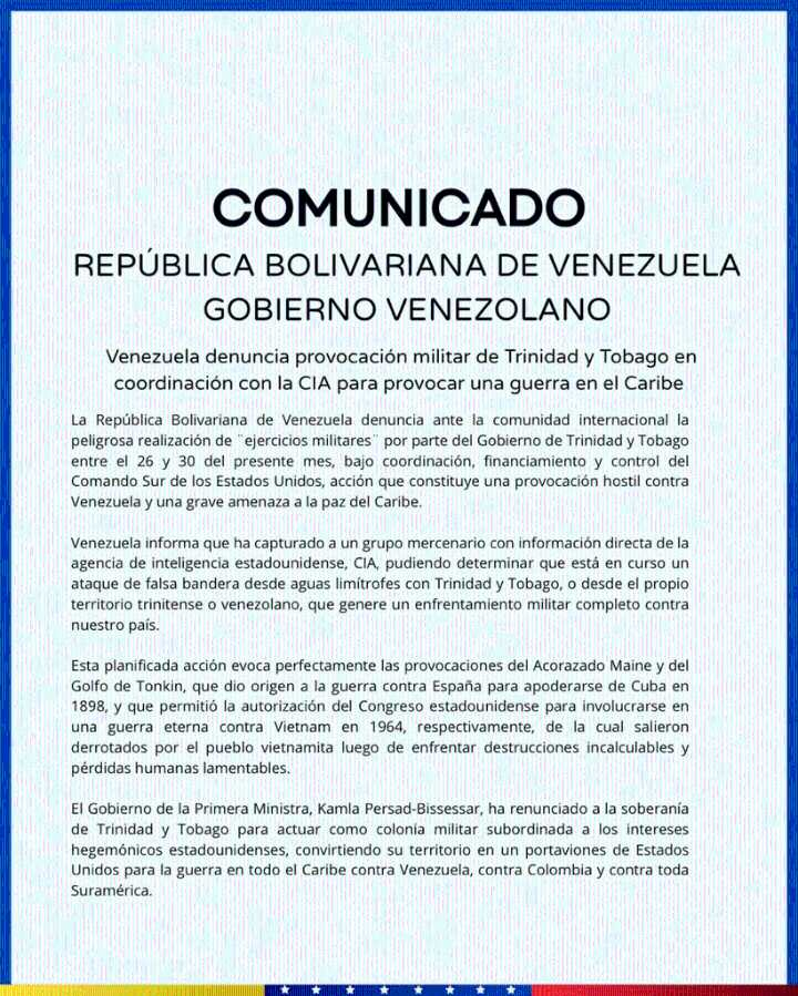 Gobierno de Maduro denunció la colaboración de Trinidad y Tobago con EE.UU. "para la guerra"