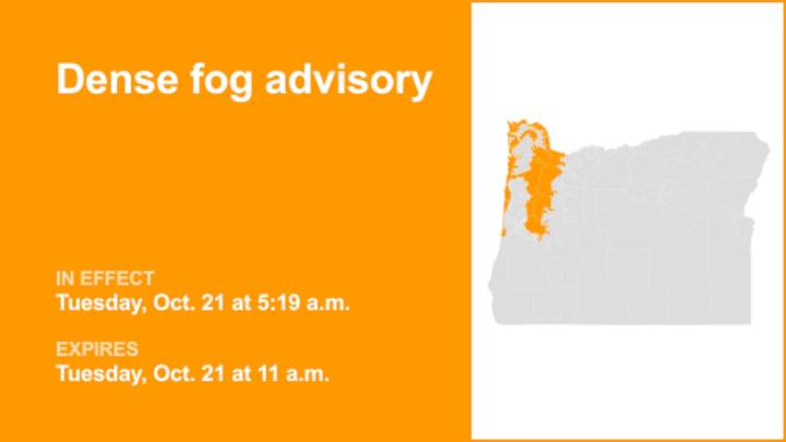 Dense fog advisory issued for Oregon until Tuesday midday