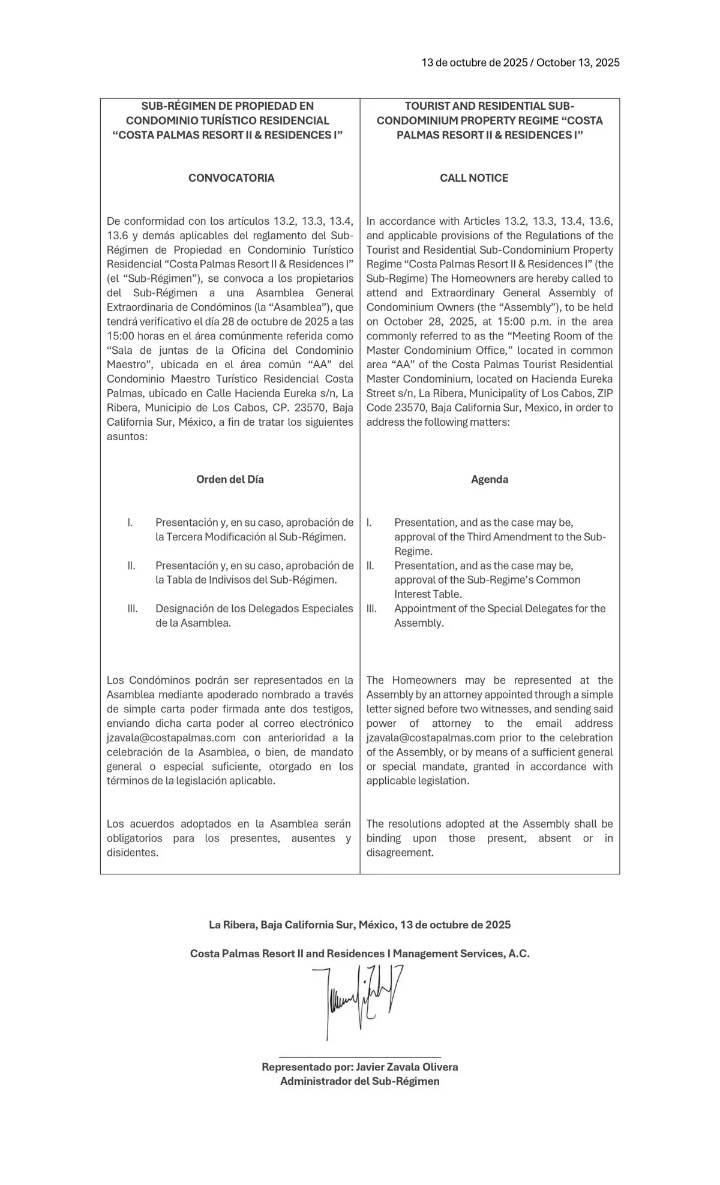 Convocatoria Costa Palmas Resort II and Residences I