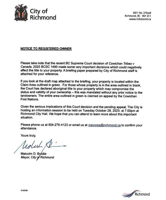 'Upset in the extreme': Richmond to hold public meeting for homeowners affected by Cowichan Nation land title decision