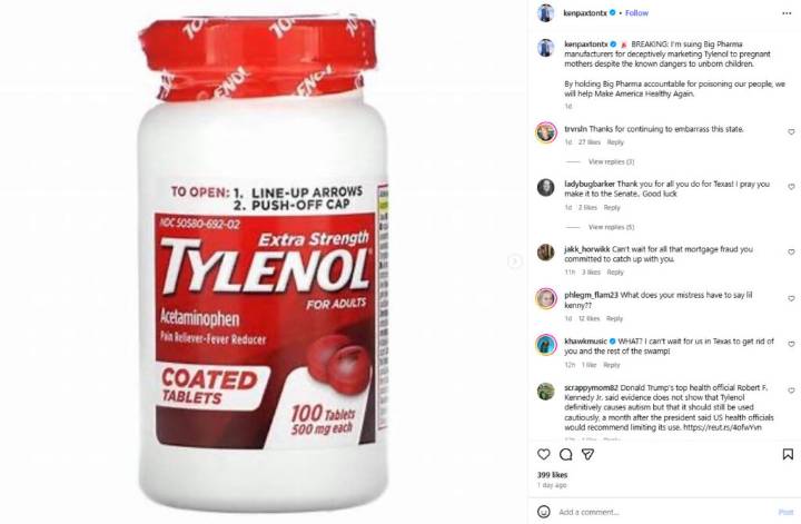 Cele|bitchy | Texas’s AG sues Tylenol over Trump administration’s spurious autism claims