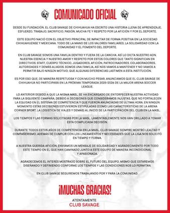 El Club Savage CUU se retira de la compatencia de la Liga MASL