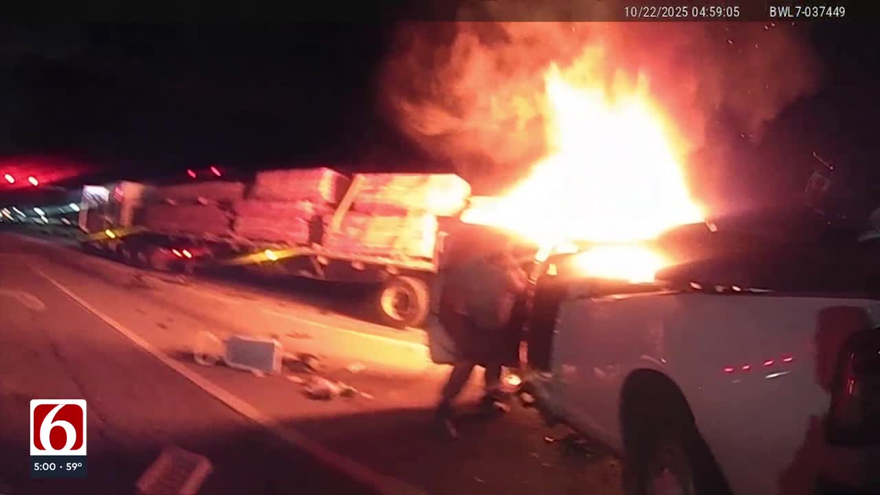 Body Cam: Pryor Police Officers, Good Samaritans rescue man trapped in burning truck