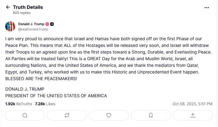 Trump anuncia que Israel y Hamás firmaron la primera fase del plan de paz para Gaza