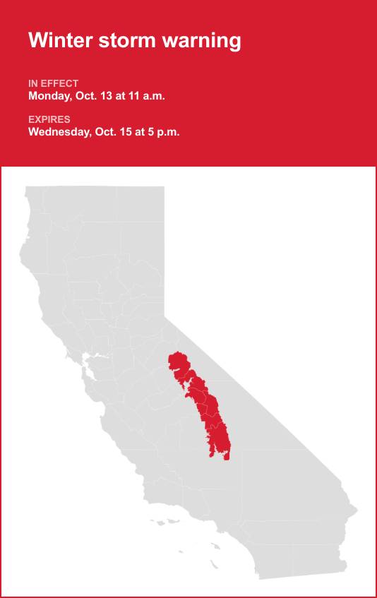 Winter storm warning affecting Yosemite from Monday to Wednesday