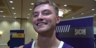 Palmetto Sports' Ella Grogan speaks with Furman basketball forward Ben Vanderwal at SOCON Media Days