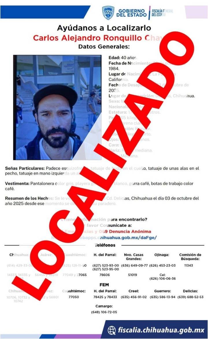 Localiza Fiscalía a hombre con reporte de ausencia en Delicias