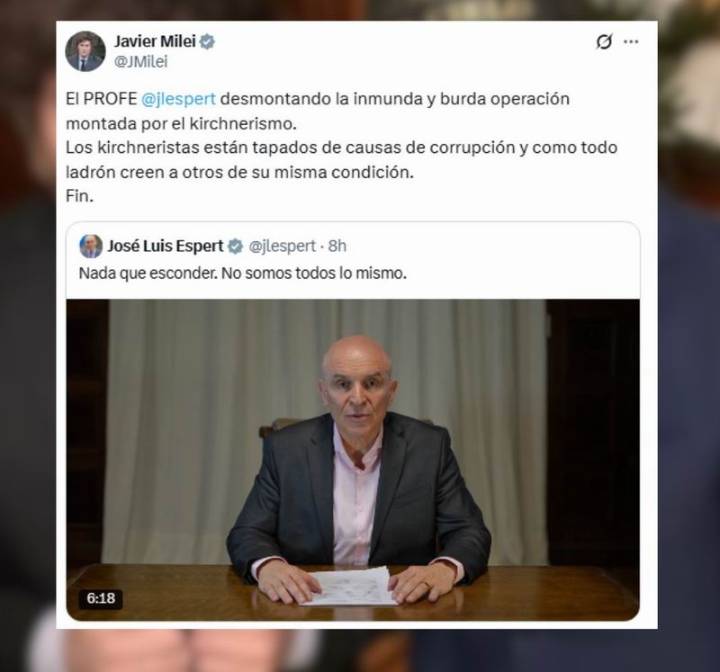 Milei respaldó a Espert y denunció una «burda operación kirchnerista»