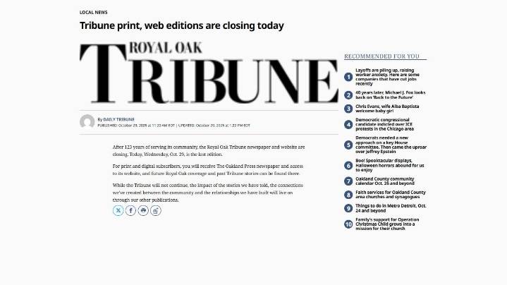 Royal Oak Tribune, The Voice cease operations