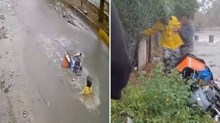 Captan a Repartidor de Plataforma Siendo Arrastrado por Arroyo en Tijuana; Vecinos lo Rescataron