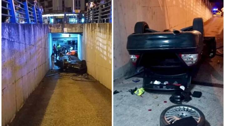 Un coche 'vuela' y vuelca en un parquin de Jaca tras una distracción