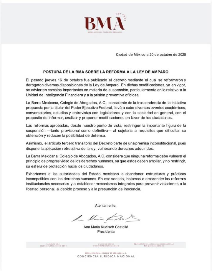 Ley de Amparo restringe suspensiones y vulnera derechos: BMA